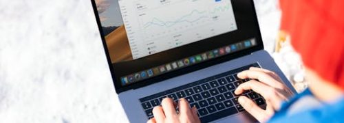 A person in a blue jacket analyzing business analytics on a laptop outdoors during winter.